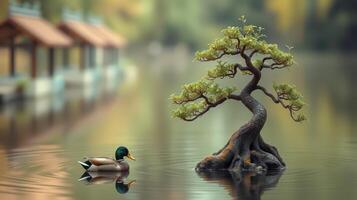 Duck swims beside a bonsai tree in a tranquil lake surrounded by autumn foliage photo