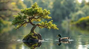 Serenity of nature with a duck swimming near a bonsai tree in a tranquil pond during daytime photo