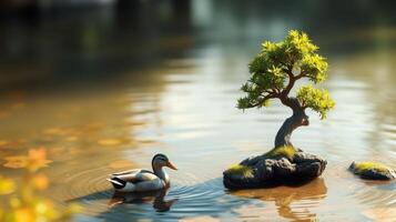 Bonsai tree and duck on serene water in a tranquil setting captured during golden hour photo