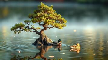 Two ducks swim peacefully around a large bonsai tree in a tranquil pond surrounded by lush greenery photo