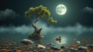 Bonsai tree on an island in a tranquil pond illuminated by a bright moon with a duck swimming photo