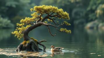 Beautiful bonsai tree by serene water with a duck swimming nearby in a tranquil natural setting photo