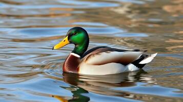 Mallard duck gracefully swimming in calm water during a sunny day at the park photo