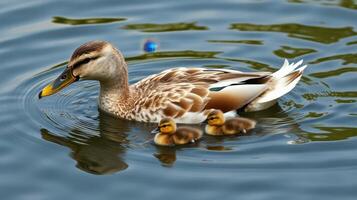 Mother duck swims with ducklings in a serene pond surrounded by nature on a sunny day photo