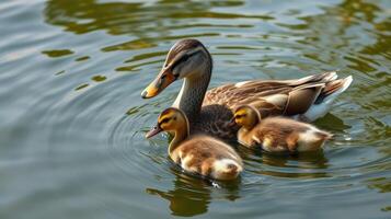 Mother duck swims with her ducklings in a calm pond during a sunny day in early spring photo