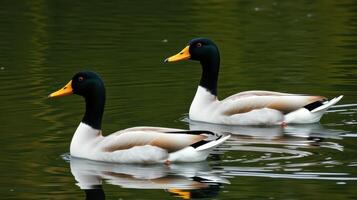 Ducks swimming gracefully in a tranquil pond surrounded by lush greenery photo