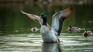 Mallard ducks displaying natural behavior while swimming in a serene pond during early morning light photo
