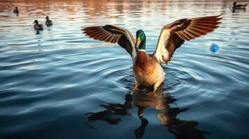 Mallard duck gracefully displays its wings while splashing in tranquil water at sunset photo