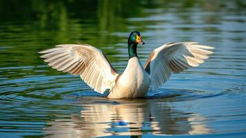Duck spreads its wings in tranquil water setting surrounded by vibrant greenery photo