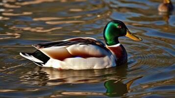Male mallard duck swims gracefully across a tranquil pond on a sunny afternoon photo