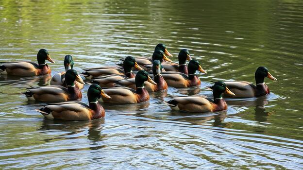 Ducks swimming in a serene pond surrounded by lush greenery during a sunny afternoon photo