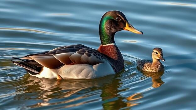 Mother duck and duckling swimming in calm water during a sunny afternoon in a tranquil park setting photo