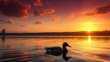 Serene sunset over the lake with a duck swimming gracefully in calm waters photo