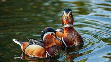 Colorful mandarin ducks swimming peacefully in a serene pond during a sunny day photo