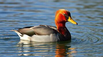 Male redhead duck swimming gracefully in a calm lake during sunny weather photo