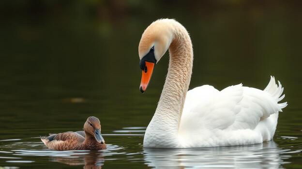 Swan and duck interact peacefully on a serene pond at a tranquil nature reserve photo