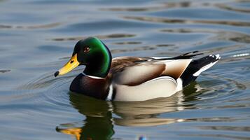 Male mallard duck swimming gracefully in a calm lake during a sunny afternoon photo