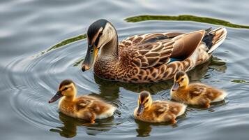 Mother duck swims gracefully with her ducklings in a serene pond during a sunny afternoon in springtime photo
