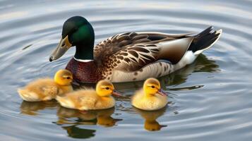 Mother duck and her ducklings swimming together in a calm pond during a sunny day photo