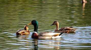 Ducks swimming peacefully in a serene pond surrounded by lush greenery during a sunny afternoon photo