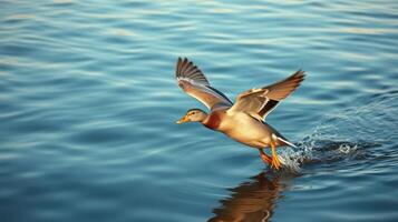 Duck taking off from the water during early morning in a tranquil lake setting photo