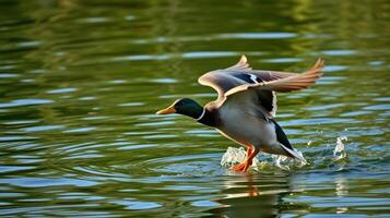 Mallard duck takes flight from a serene pond at sunset, showcasing vibrant colors and lively ripples in the water photo
