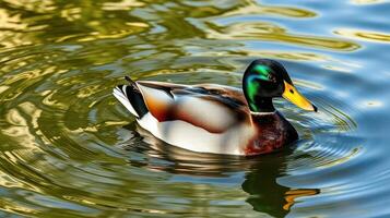 Colorful mallard duck swimming gracefully in a serene pond surrounded by reflective water and green foliage photo