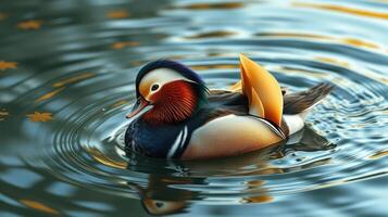 Mandarin duck swimming gracefully in a serene pond surrounded by autumn leaves during a calm afternoon photo