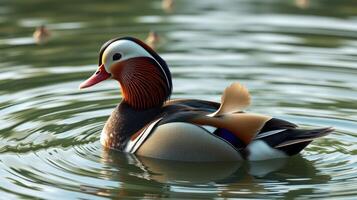 Elegant mandarin duck swimming gracefully in a serene pond during a sunny day photo