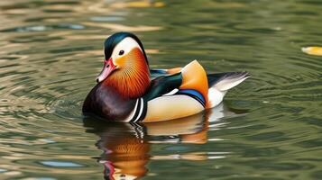 Colorful mandarin duck swimming gracefully in a serene pond during daylight hours photo