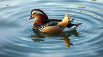 Colorful mandarin duck swimming peacefully in a serene pond during daylight hours photo