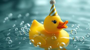 Bright yellow rubber duck wearing party hat floats in water surrounded by bubbles photo