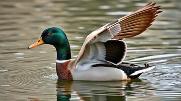 Colorful mallard duck spreads wings on calm water during a sunny afternoon in a serene park setting photo
