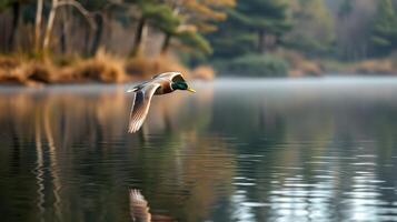 Bird gliding gracefully over tranquil lake at sunrise in a serene forest setting photo