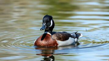 Colorful duck swimming calmly in a serene pond surrounded by nature in the afternoon light photo