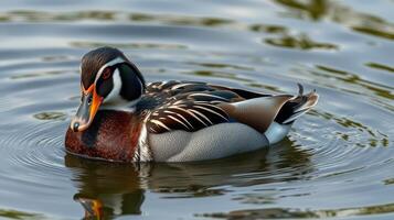 Colorful wood duck swimming peacefully in a serene pond surrounded by greenery during a sunny day photo