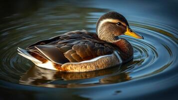 Duck swims gracefully in calm water reflecting soft evening light in a serene natural setting photo