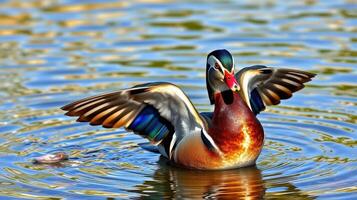 Vibrant male mandarin duck showcasing its colors while swimming in a serene pond under bright sunlight photo