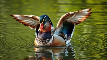Colorful duck flapping wings while swimming in tranquil water at a lush garden setting photo