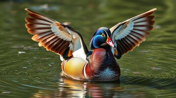 Colorful duck displays wings in serene pond during sunny day photo