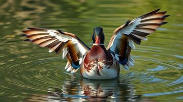 Colorful duck displaying wings in a serene pond surrounded by greenery photo