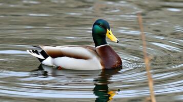 Colorful mallard duck gracefully swims in calm waters surrounded by nature in the early morning light photo