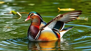 Colorful mandarin duck spreads its wings while swimming in a serene pond surrounded by lush greenery photo