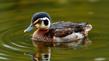 Colorful duck gracefully swims in calm waters surrounded by rippling reflections at a serene lake photo