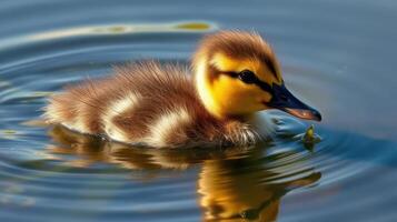 Cute duckling swims peacefully in a serene pond during sunny afternoon light photo