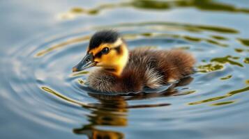 Duckling swims gracefully in calm waters during a sunny afternoon in a natural setting photo