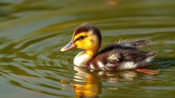 Charming duckling swims gracefully in a serene pond during a sunny afternoon photo