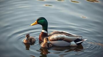 Mother duck and her ducklings swim together in a serene lake during early morning light photo
