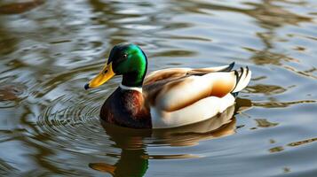 Colorful mallard duck gliding peacefully across a serene lake at dawn photo