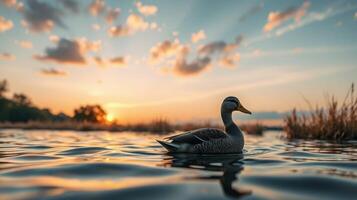 Sunset over tranquil waters with a duck swimming peacefully in the foreground photo
